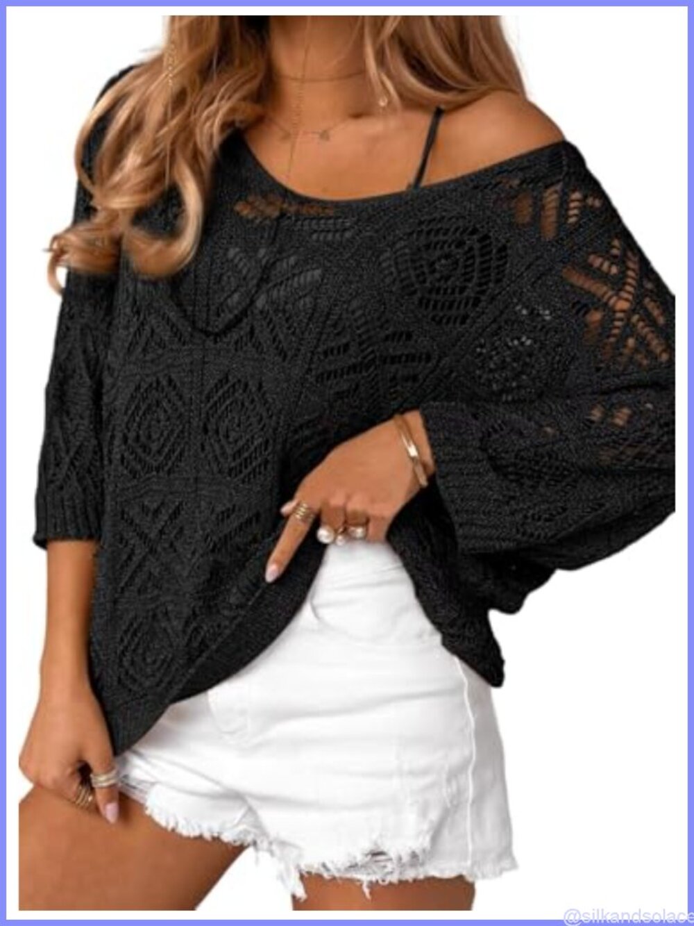 Crochet Hollow Out 3/4 Sleeve Off Shoulder Pullover Sweater